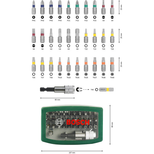Bosch Bosch 32pc Screwdriver Bit Set PH PZ Hex T TH SBit Accessories Drill a 1