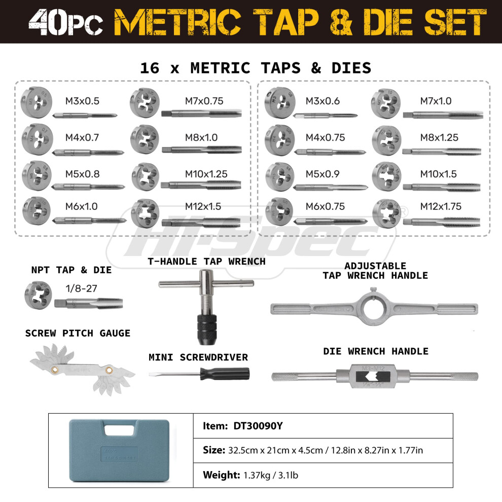 Hispec 40Pc Metric Tap Die Set Complete M3 To M12 Tapping And Threadi 5008548165088