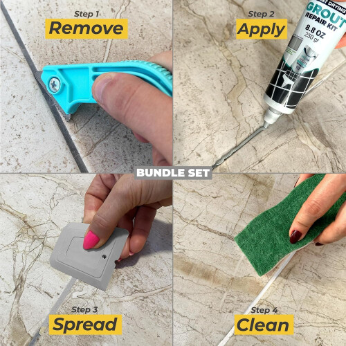 Grout - (Bundle Set) Ready Mixed Grout Reviver with Sponge, Scraper + Rake | Ideal for Bathroom, Kitchen, Shower - 250g (Light Grey) 1