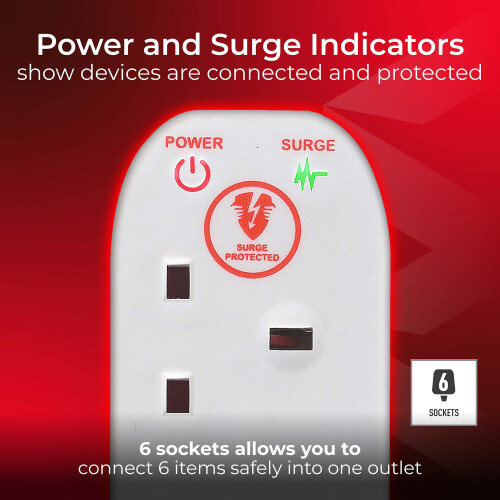 Masterplug Six Socket Extension Lead 2 Metre Cable Surge Protection Po 1