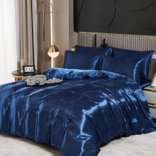 Guchuang Bedding Silk Satin Complete Bedding Set 6 Pieces Navy Blue King Size Du