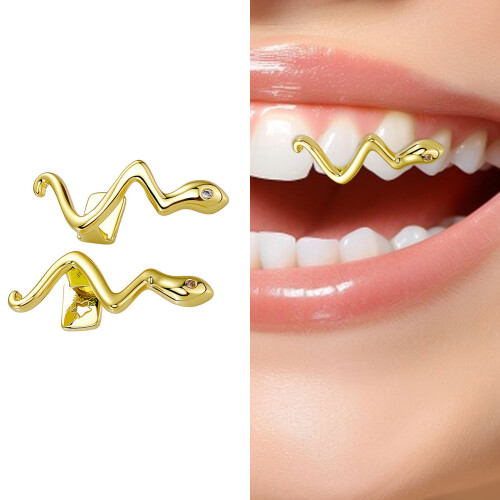 Unique Copper Snake Designs Upper Lower Teeth Grillzs-Gold-color 2