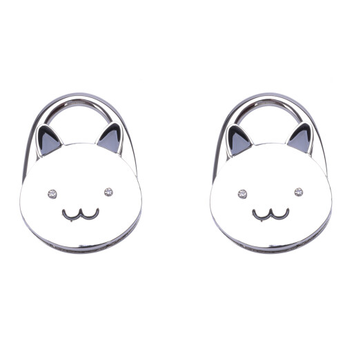 2X Black Cat Cartoon Foldable Silver Tone Handbag Hook Antislip Rubber Base