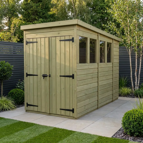 4 x 10 Pent Shed Tanalised (Double Door, With Windows)