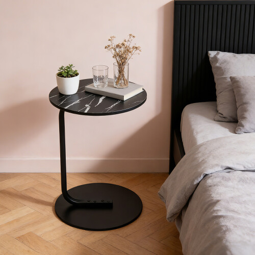 Living And Home 39cm Dia C-Shaped Round Side Table, Black Marble