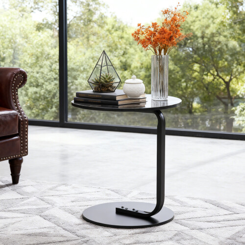 Living And Home 39cm Dia C-Shaped Round Side Table, Black Marble 1