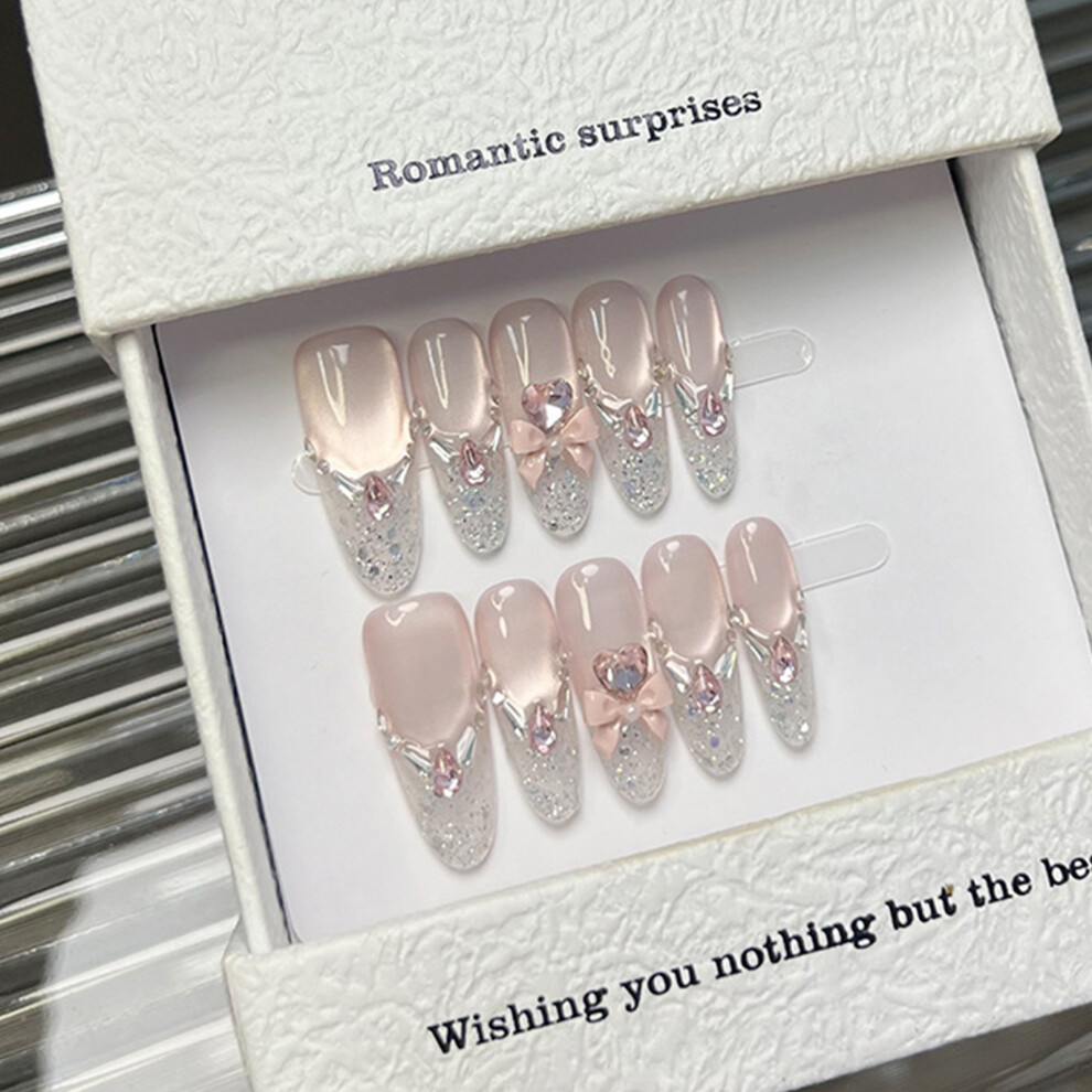 Penghui-Toys (Gd2467) 10Pcs French Pink Cat Eyes Long False Nails Natural Unbreakable Nail Simple Wear For Fingernail Diy Decoration