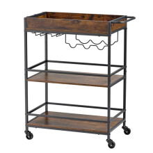 Carrinho de Serviço 68x36x83 cm-Duoku-para Cozinha, Bar ou Sala, com Prateleiras de Madeira, Armazenamento para Garrafas e Copos, Marrom