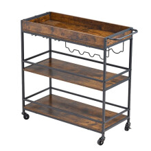 Servicewagen-Duoku-Wijnopslag, met Houten Planken, Flessenhouder en Glazenhouder, Bruin en Zwart, 3 Niveaus