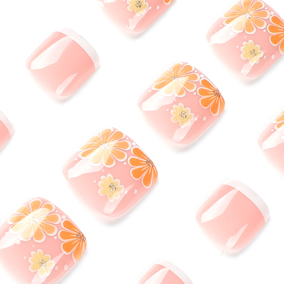 Zhouq-Outdoors (Jelly Glue Model) Short Fake Toenails With Yellow Flowers - Diy Nail Decor