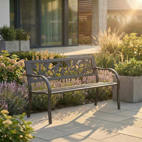 (Rose) 3 Seater Garden Bench Metal Seat Armrests