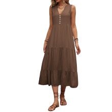 sleeveless highbeach vacation long dress-Brown XXL