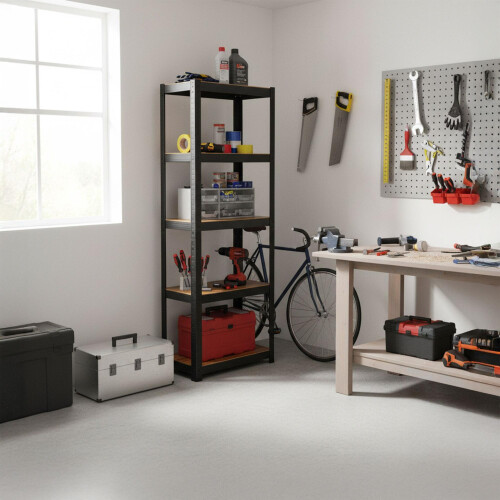 Heavy-Duty Steel Rack, 5 Adjustable Shelves, Black