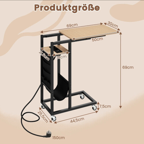 Table d'appoint en forme de C avec station de charge et poche de rangement