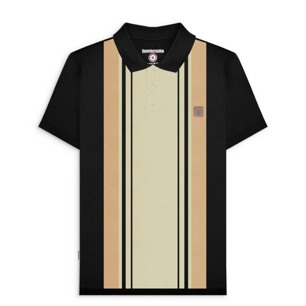 Lambretta (4Xl, Black/Nomad) Mens Classic Yarn Dyed Stripe Logo Polo Shirt
