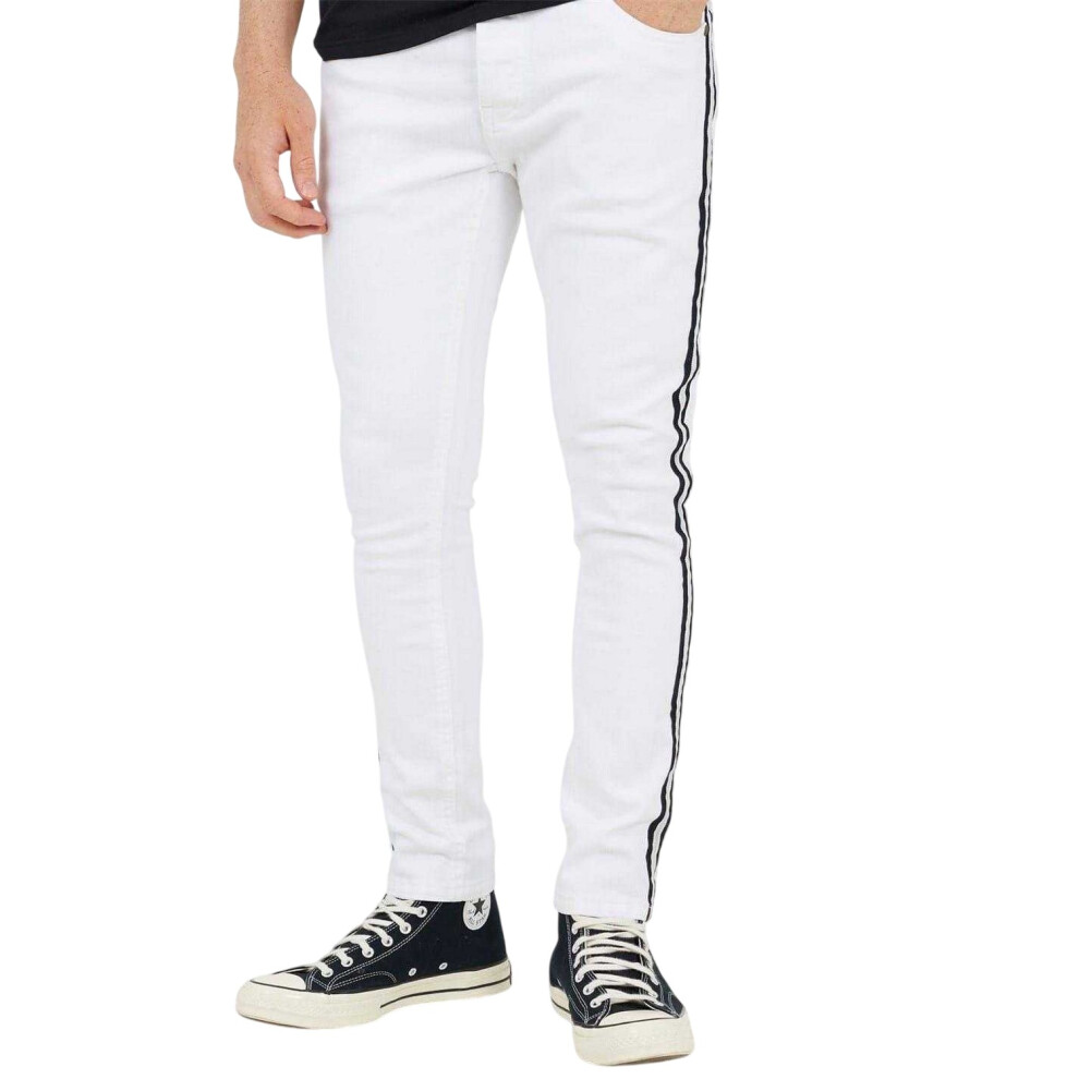 Brave Soul (32R, White) Mens Contrast Striped Taped Jeans