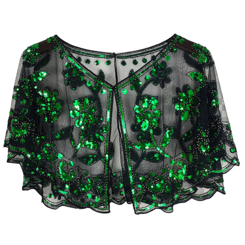 Luxurious Glittering Shawl Wrap with Sequined Sheer-Black green