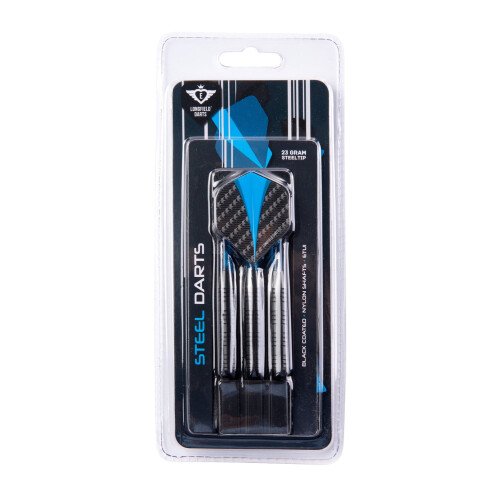 Steeltip Darts 23g, sort løb, blå skafter og flights