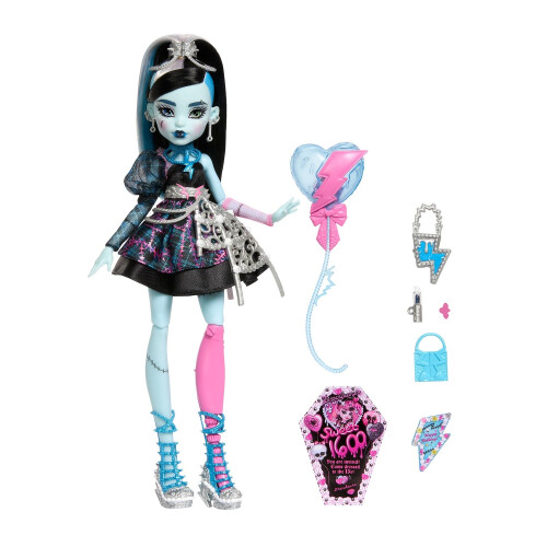 Frankie Stein Puppe, schwarzes Partykleid, 7 Accessoires