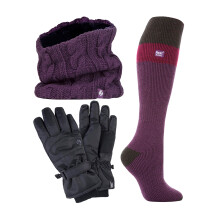 (S/M, Lila / Anthrazit) Heat Holders - Heat Holders - Damen Ski Set Schal Handschuhe Thermo Skisocken Winter Set