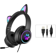 Handige gamingheadset, opvouwbare koptelefoon met kattenoortjes, RGB LED-verlichting, stereogeluid, microfoon, USB 3,5 mm bedrade over-