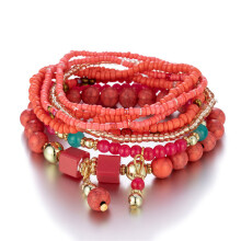 (Red) Bohemian Style Turquoise Stone Beads Bracelet with Pendant Hand Jewelry