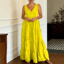 Polyester Sleeveless Maxi Long Dress with V Neck-Navy Blue M