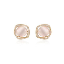Cat Eye Stone Stud Earrings with Crystal Halo Gold Frame, 925 Silver Pin Elegant Ear Jewelry