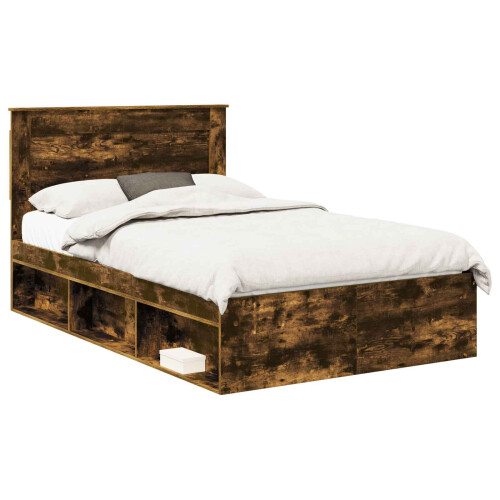 VidaXL vidaXL Bed Frame with Drawer Smoked Oak 135 x 190 cm Solid Pine Wood 1