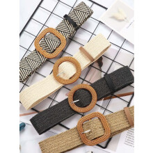 Set of 4 elastic woven straw belts for women, thin belt for dresses, wooden buckle