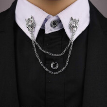 Spilla da bavero con catena e nappa per colletto di camicia da uomo, distintivo a forma di lupo, spille retrò