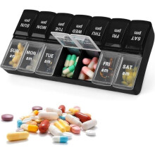 Pill organizer for use morning and evening, 7 days a week; practical pill organizer with large, separate compartments for medications