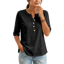 Damesblouses met mouwen, casual button-down, losse-Zwart XL