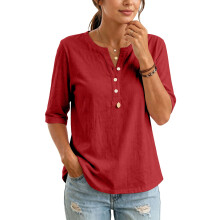 Damesblouses met mouwen, casual button-down, losse-Bourgondië L