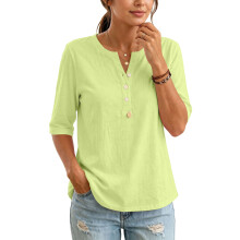 Damesblouses met mouwen, casual button-down, losse-Groen XXXL