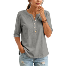 Damesblouses met mouwen, casual button-down, losse-Grijs XXL