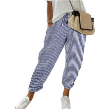 Pantalon à jambes larges en lin pour femmes,-Bleu XXL