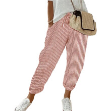 Pantalon à jambes larges en lin pour femmes,-Rouge XL