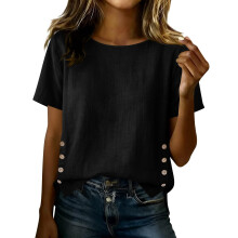 Damen-T-Shirt aus Baumwollleinen, lässiger Ausschnitt,-Schwarz L