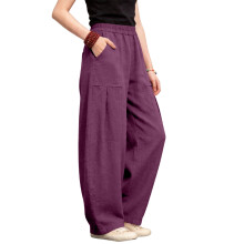 Damen-Hose aus Leinen mit weitem Bein, lässig,-Fuchsia S