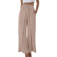 Women's High Wide Leg Pants with Pockets Flowy Elastic-Khaki M