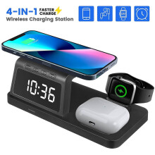4-in-1 Kabellose Ladestation mit Wecker, kompatibel mit iPhone 14/13/12/11/Pro/Max/XR/XS/X, Watch 8/7/6/5/SE, AirPods Pro/3/2/1