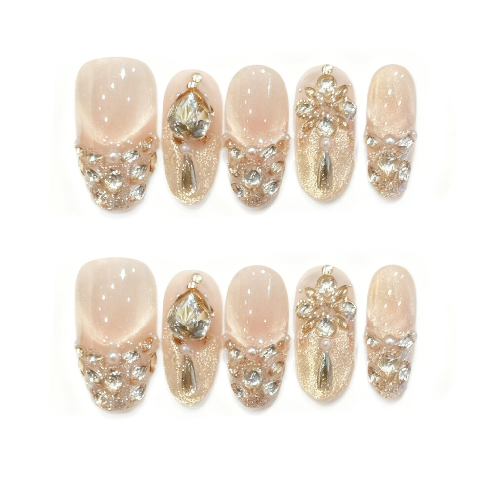Creation-3C (3256 Medium Oval, Xs) Pink Gold Rhinestone Press-On Nails 10Pcs Luxury Fake Nails