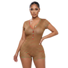 (M, Orange) Women's Short Sleeve Romper Pajamas Plaid/Gingerbread Man Print V-Neck Shorts Jumpsuit Button-Down Front Loungewear
