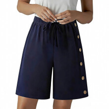 Womens Button Side Linen Shorts, Lightweight Loose-Blue S