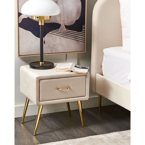 Beliani 1 Drawer Bedside Table FLAYAT Velvet Light Beige 1