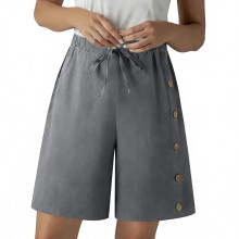 Womens Button Side Linen Shorts, Lightweight-Dark Grey XXL