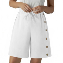 Womens Button Side Linen Shorts, Lightweight Loose-White XXL