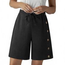Womens Button Side Linen Shorts, Lightweight Loose-Black M