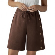 Womens Button Side Linen Shorts, Lightweight Loose-Brown S